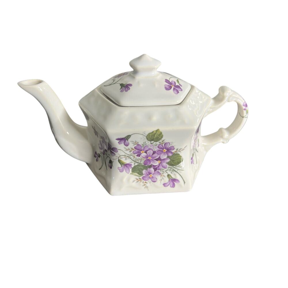☆ Vintage Crownford  Violet Pattern Teapot Bright White Flowers